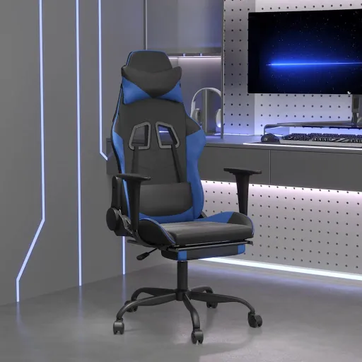 Cadeira Gaming Massagens c/ Apoio Pés Couro Artif. Preto/Azul