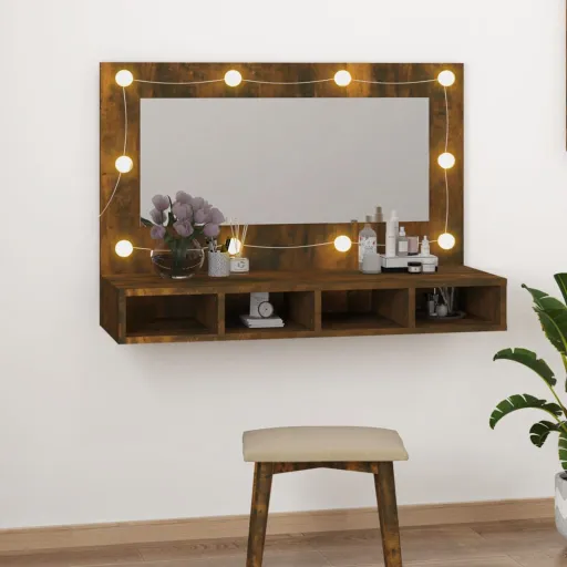 Armário Espelhado com LED 90x31,5x62 cm Carvalho Fumado