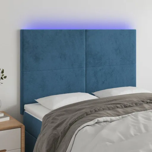 Cabeceira Cama c/ Luzes LED Veludo 144x5x118/128cm Azul-Escuro