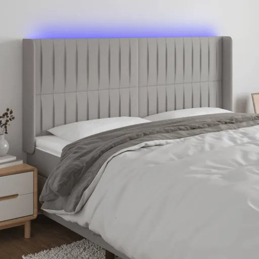 Cabeceira Cama c/ Luzes LED Tecido 163x16x118/128cm Cinza-Claro