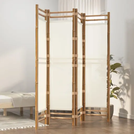 Biombo com 4 Painéis Dobráveis Bambu e Lona 160 cm