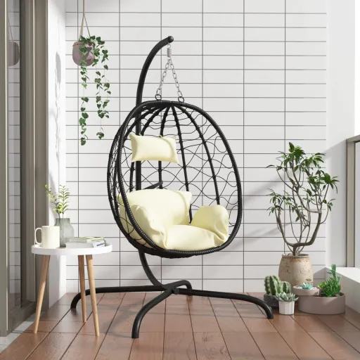 Cadeira Suspensa Egg com Almofada, Vime Sintético Branco Creme e Aço