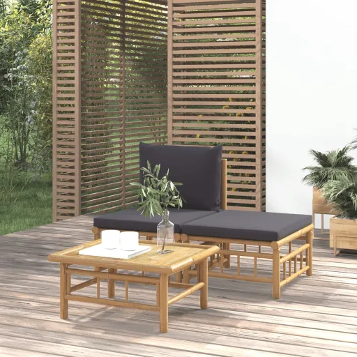 Conj. Lounge de Jardim Bambu c/ Almofadões Cinzento-Escuro (3 pcs)