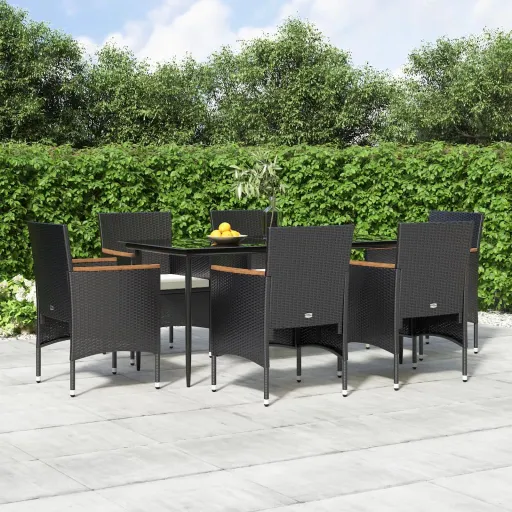 Conjunto de Jantar para Jardim com Almofadões Preto (7 pcs)