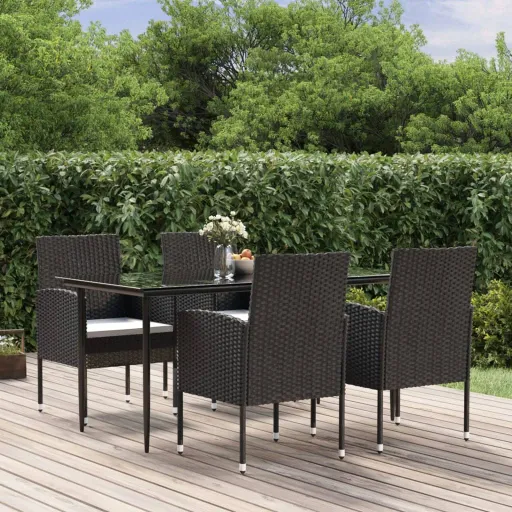 Conjunto de Jantar p/ Jardim c/ Almofadões Vime PE Preto (5 pcs)