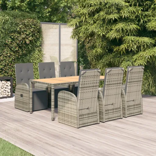 Conjunto de Jantar p/ Jardim c/ Almofadões Vime PE Cinza (7 pcs)
