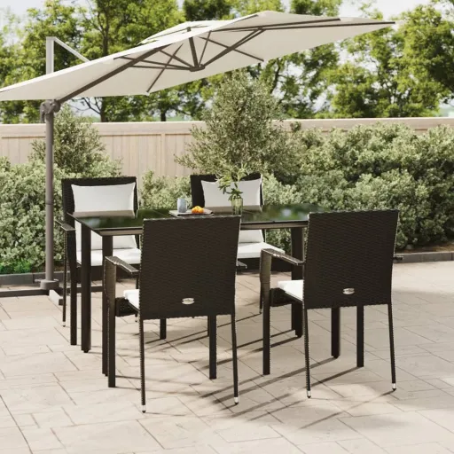 Conjunto de Jantar p/ Jardim c/ Almofadões Vime PE Preto (5 pcs)