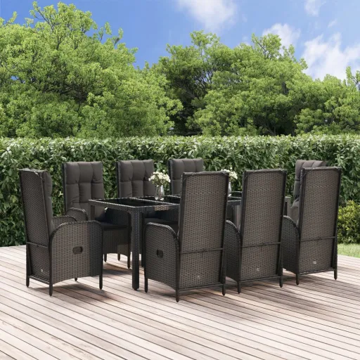 Conjunto Jantar Jardim c/ Almofadões Vime PE Preto/Cinza (9 pcs)
