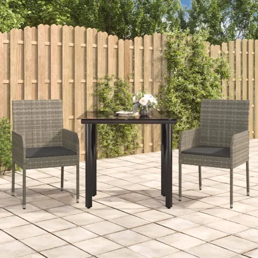 Conj. Jantar p/ Jardim c/ Almofadões Vime PE Preto/Cinza (3 pcs)