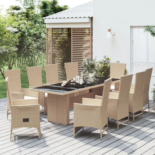 Conjunto de Jantar p/ Jardim com Almofadões Vime PE Bege (11 pcs)