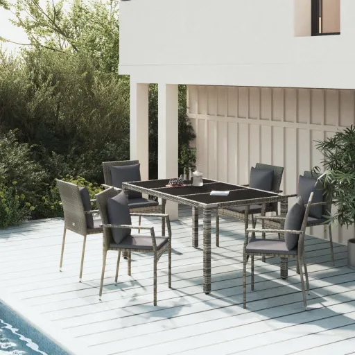 Conjunto de Jantar p/ Jardim c/ Almofadões Vime PE Cinza (7 pcs)