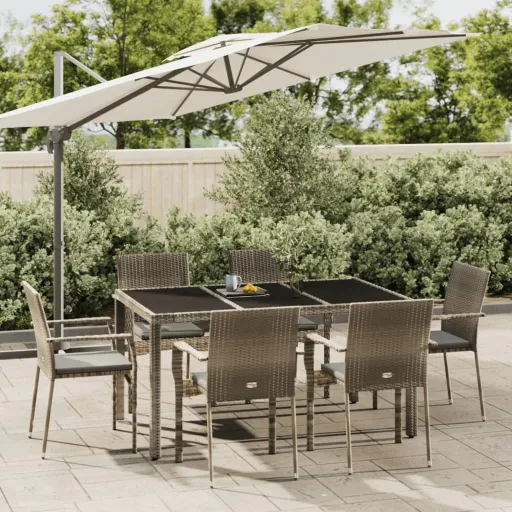 Conjunto de Jantar p/ Jardim c/ Almofadões Vime PE Cinza (7 pcs)
