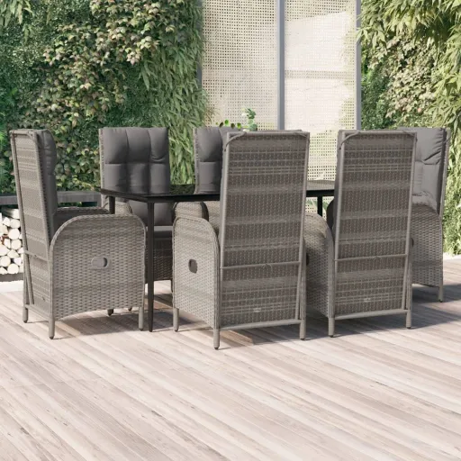 Conjunto Jantar Jardim c/ Almofadões Vime PE Preto/Cinza (7 pcs)