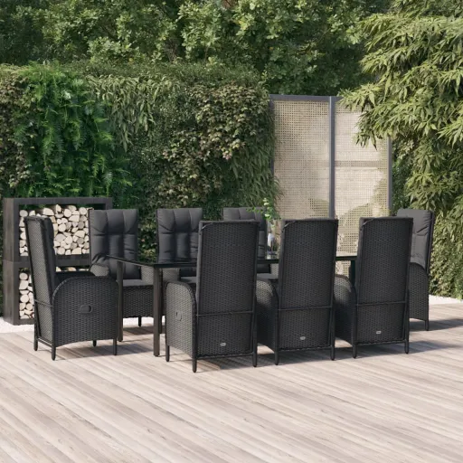 Conjunto de Jantar p/ Jardim c/ Almofadões Vime PE Preto (9 pcs)