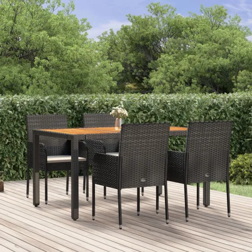 Conjunto de Jantar p/ Jardim c/ Almofadões Vime PE Preto (5 pcs)