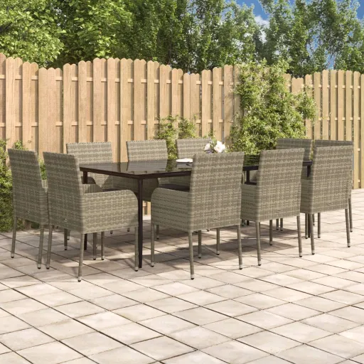 Conjunto Jantar Jardim c/ Almofadões Vime PE Preto/Cinza (11 pcs)
