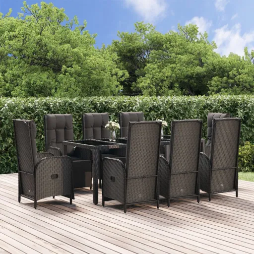 Conjunto de Jantar p/ Jardim c/ Almofadões Vime PE Preto (9 pcs)