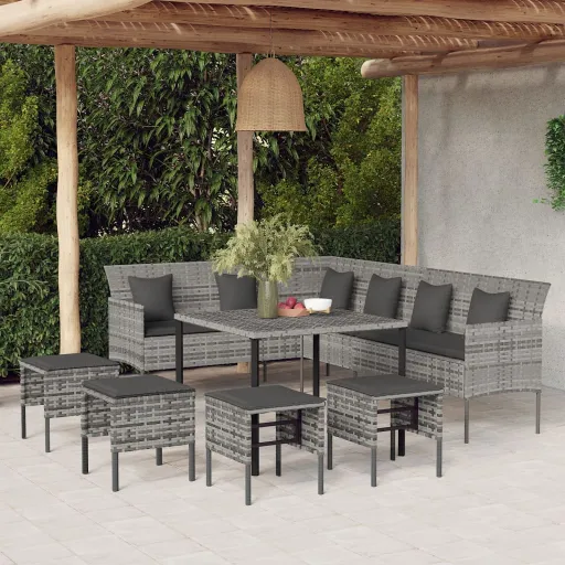Conjunto de Jantar p/ Jardim c/ Almofadões Vime PE Cinza (6 pcs)