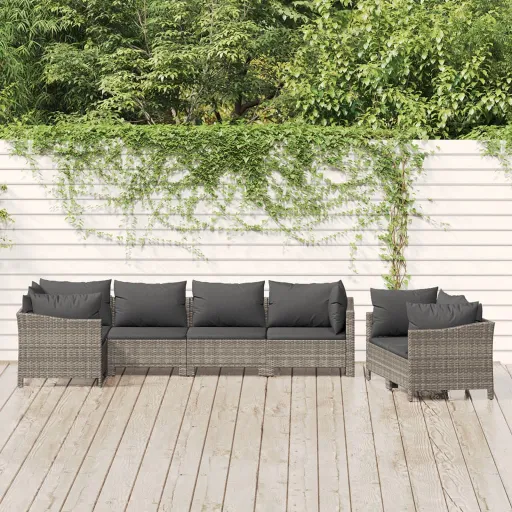 Conjunto Lounge de Jardim c/ Almofadões Vime PE Cinzento (7 pcs)