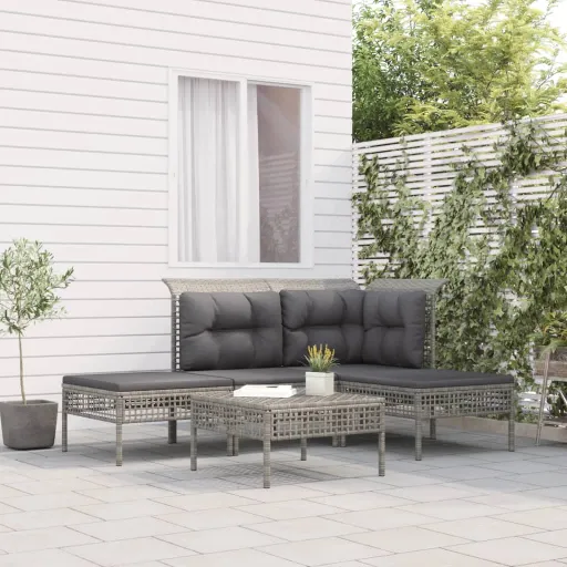 Conjunto Lounge de Jardim c/ Almofadões Vime PE Cinzento (5 pcs)