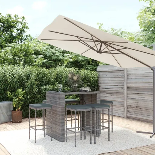Conjunto de Bar p/ Jardim c/ Almofadões Vime PE Cinzento (7 pcs)