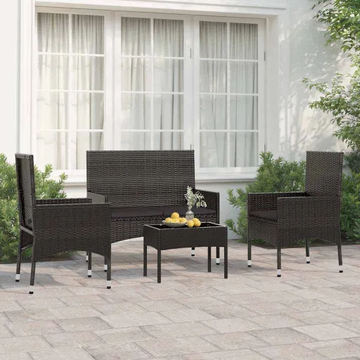 Conjunto Lounge de Jardim c/ Almofadões Vime PE Preto (4 pcs)