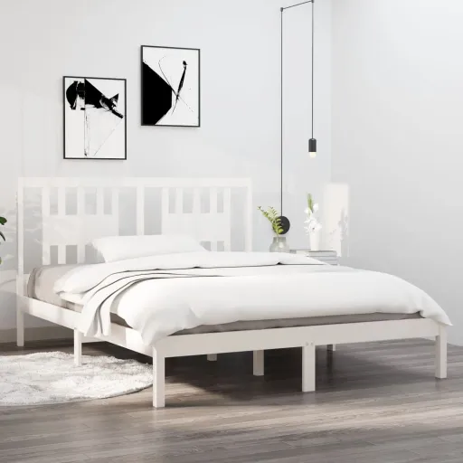 Estrutura de Cama 140x200 cm Madeira de Pinho Maciça Branco