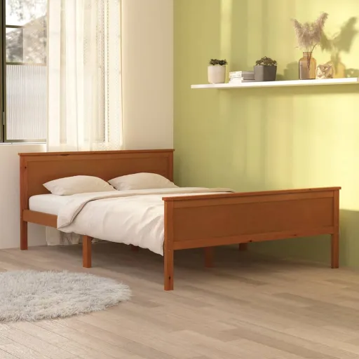 Estrutura de Cama 160x200 cm Madeira Pinho Maciço Castanho Mel