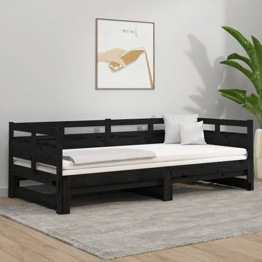 Estrutura Sofá-Cama de Puxar Pinho Maciço Preto 2x(90x190) cm