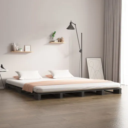 Cama de Paletes 140x190 cm Madeira de Pinho Maciça Cinza