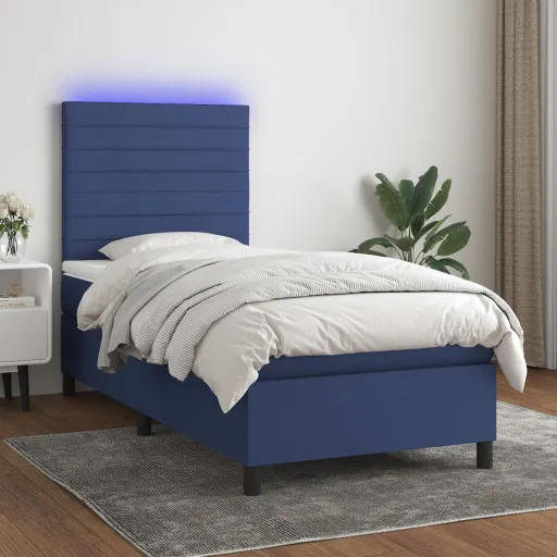 Cama Box Spring c/ Colchão e LED 90x190 cm Tecido Azul