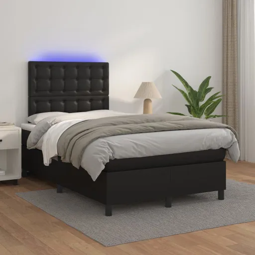Cama Box Spring c/ Colchão/LED 120x200cm Couro Artificial Preto