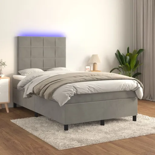 Cama Box Spring c/ Colchão/LED 120x200 cm Veludo Cinzento-Claro