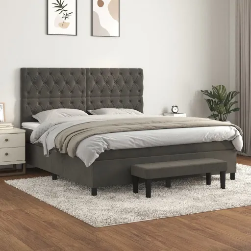 Cama com Molas/Colchão 160x200 cm Veludo Cinzento-Escuro