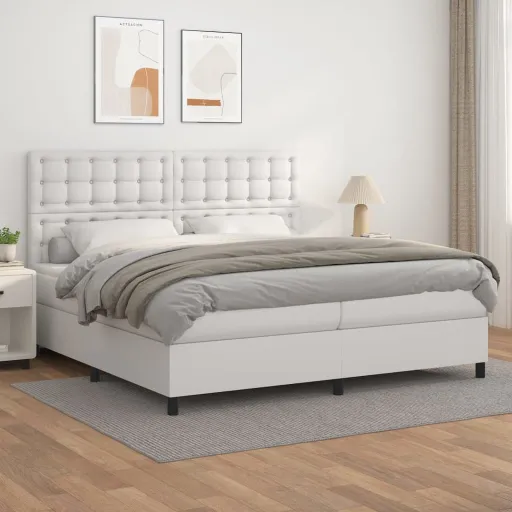 Cama com Molas/Colchão 200x200 cm Couro Artificial Branco