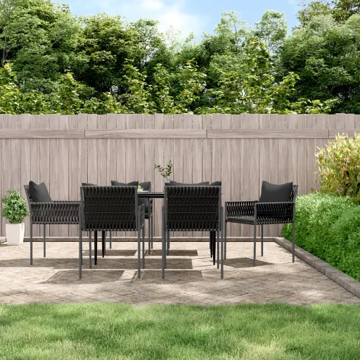 Conjunto de Jantar p/ Jardim c/ Almofadões Vime PE e Aço (7 pcs)