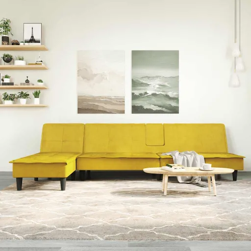 Sofá-Cama em Forma de L 255x140x70 cm Veludo Amarelo