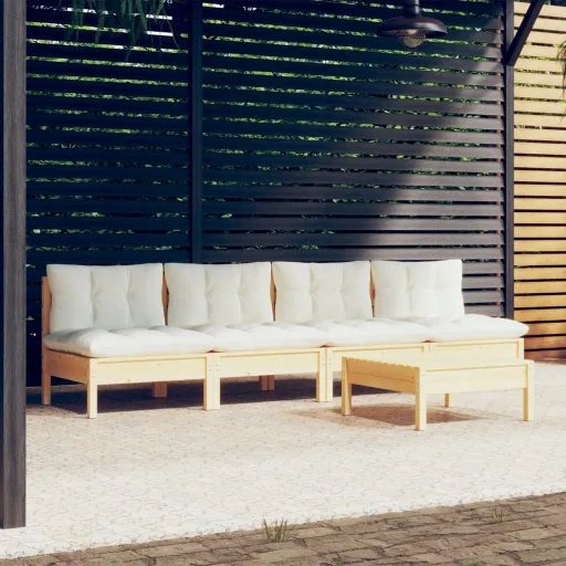 Conjunto Lounge Jardim c/ Almofadões Cor Creme Pinho (5 pcs)