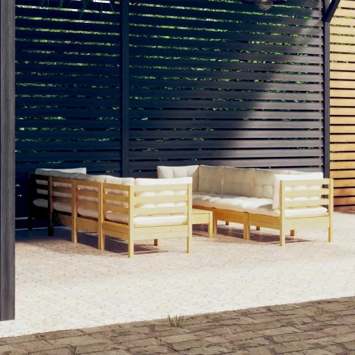Conjunto Lounge Jardim c/ Almofadões Creme Pinho Maciço (9 pcs)