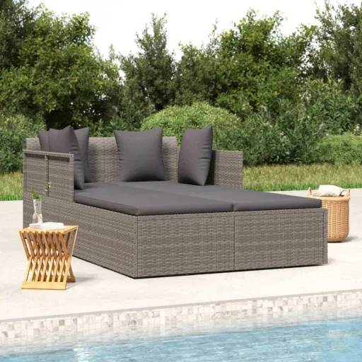 Espreguiçadeira com Almofadões Cinzentos 182x118x63 cm Vime PE
