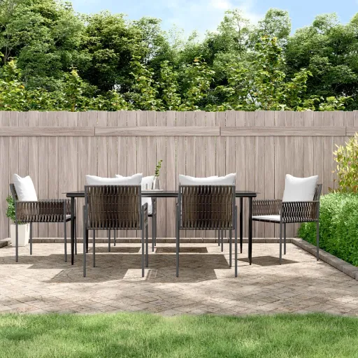 Conjunto de Jantar p/ Jardim c/ Almofadões Vime PE e Aço (7 pcs)
