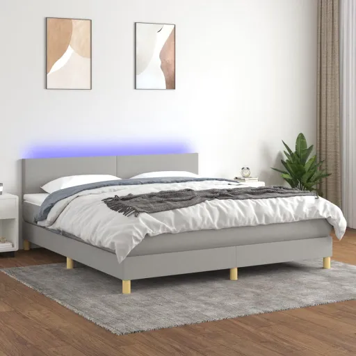 Cama Box Spring c/ Colchão e LED 180x200 cm Tecido Cinza-Claro