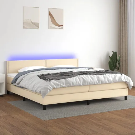 Cama Box Spring c/ Colchão e LED 200x200 cm Tecido Cor Creme