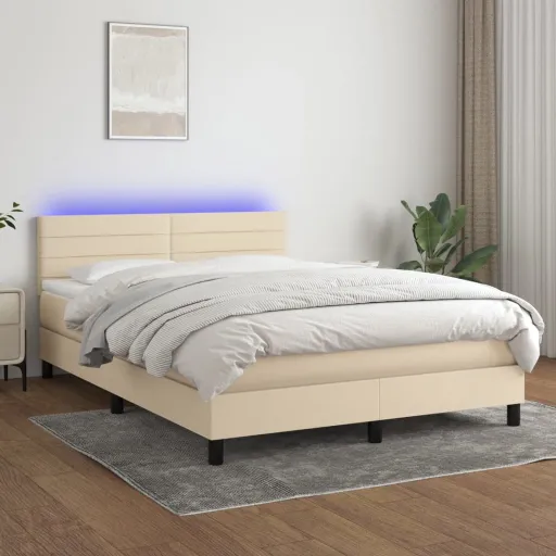 Cama Box Spring c/ Colchão e LED 140x200 cm Tecido Cor Creme