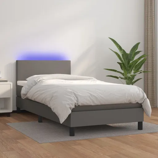 Cama Box Spring c/ Colchão/LED 90x190 cm Couro Artificial Cinza
