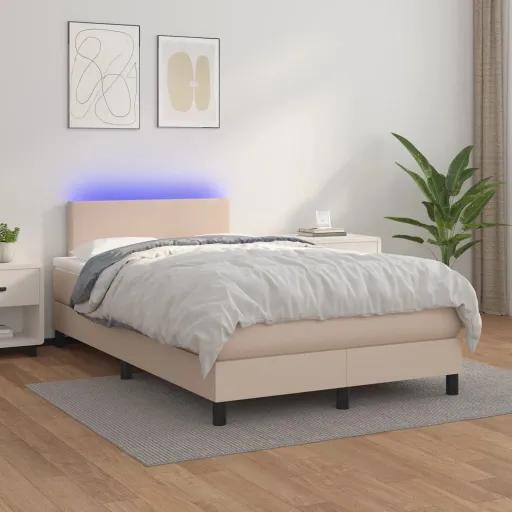 Cama Box Spring c/Colchão/LED 120x200cm Couro Artif. Cappuccino