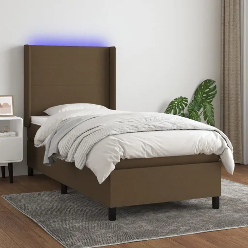 Cama Box Spring c/ Colchão/LED 90x200 cm Tecido Castanho-Escuro