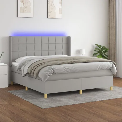 Cama Box Spring c/ Colchão e LED 180x200 cm Tecido Cinza-Claro