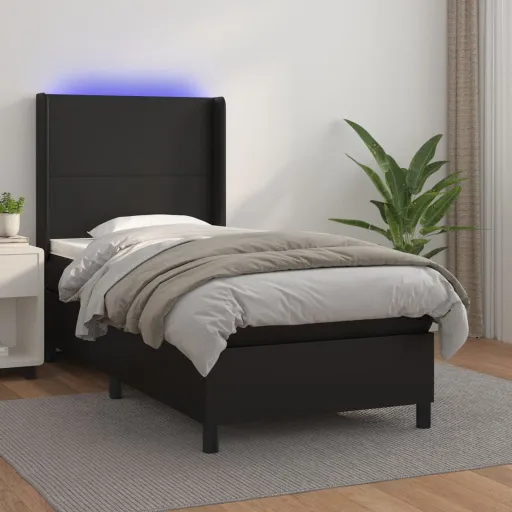 Cama Box Spring c/ Colchão/LED 90x190 cm Couro Artificial Preto