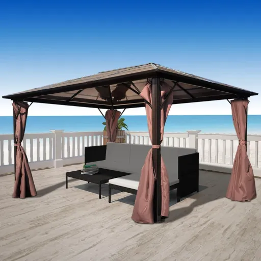 Gazebo com Cortina 400 x 300 cm Alumínio Castanho